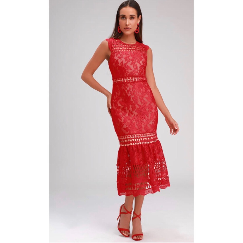 RED LACE SLEEVELESS MIDI DRESS - Picture 1 of 4